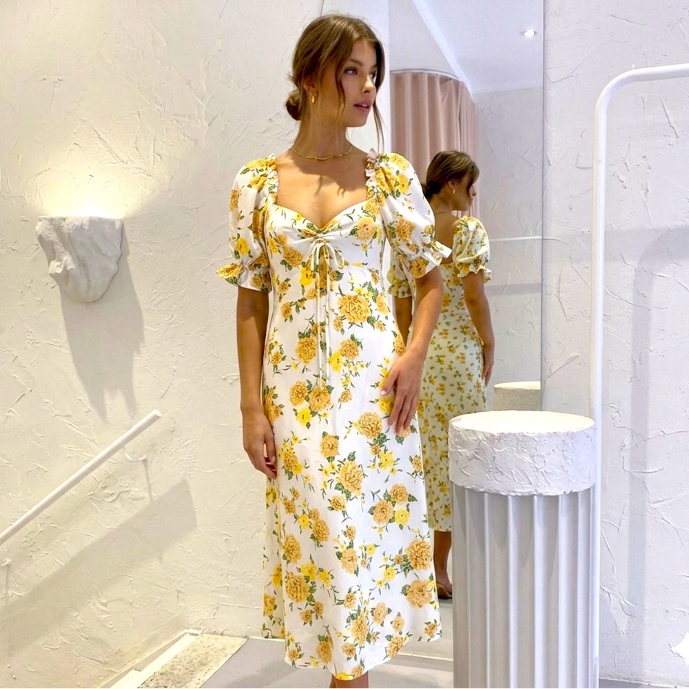 Faithful The Brand Juniper Floral Marigold Smocked Puff Sleeve Midi Dress Medium